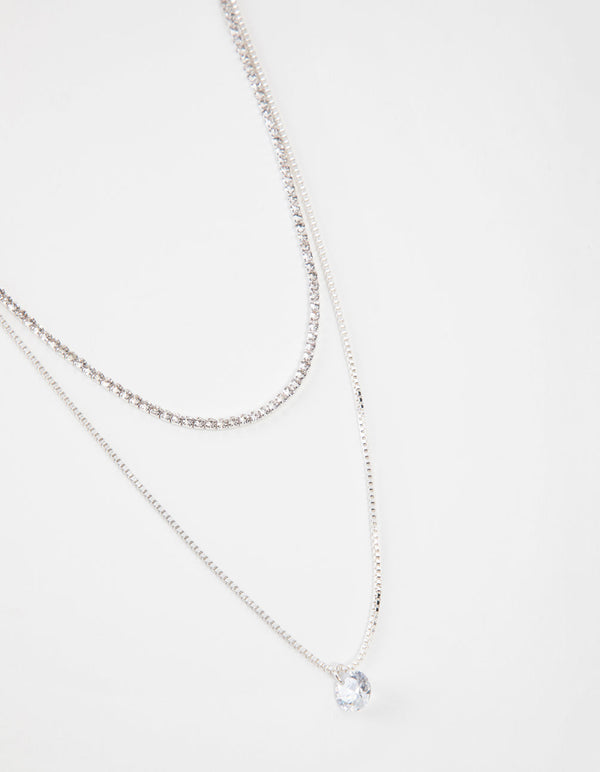 Silver Short 2-Row Cupchain Diamante Necklace