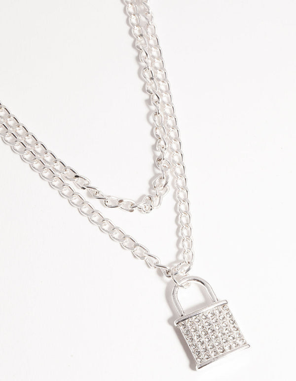 Silver Multi-Row Diamante Padlock Necklace