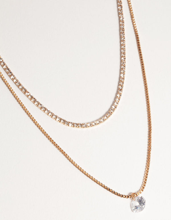Gold Short 2-Row Cupchain Diamante Necklace