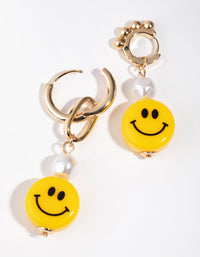 Gold Asymmetrical Pearl Smiley Drop Earrings - link has visual effect only