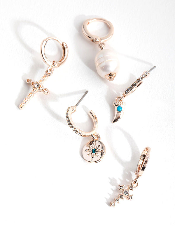 Rose Gold Plated Freshwater Pearl & Cross Curated Earring Pack