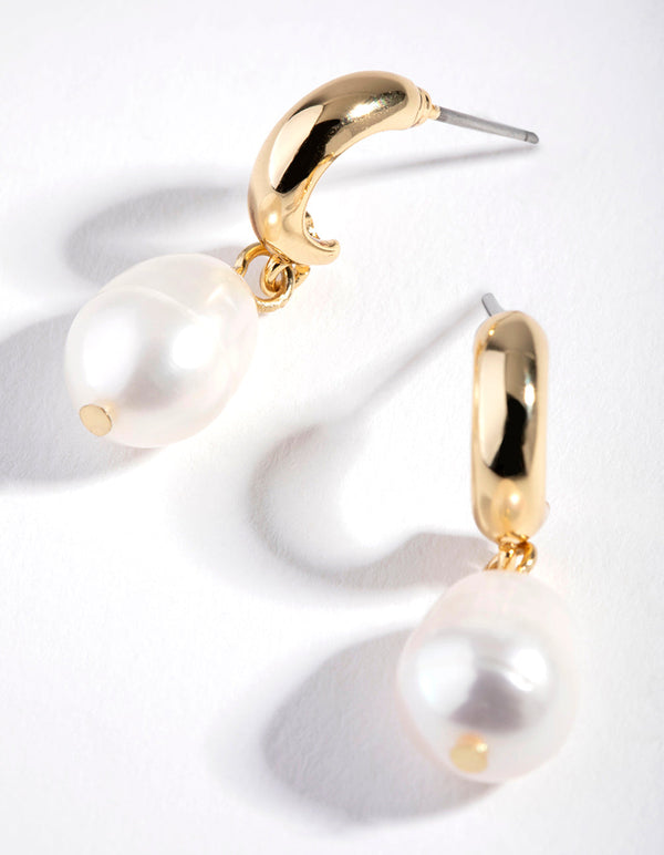 Gold Freshwater Pearl Huggie Hoop Earrings