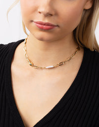 Gold Plated Rectangle Link Freshwater Pearl Necklace - link has visual effect only