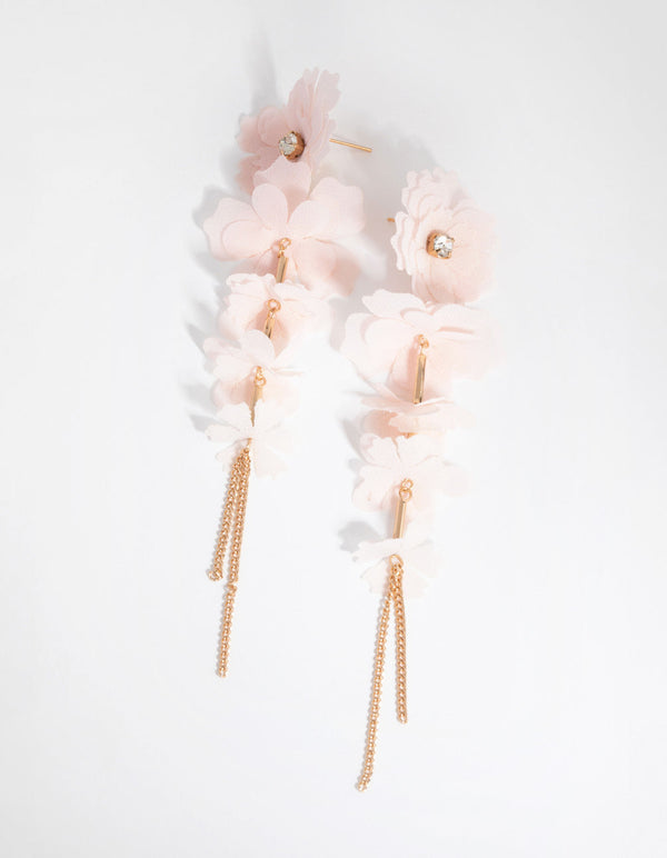 Gold Fabric Flower Chain Earrings