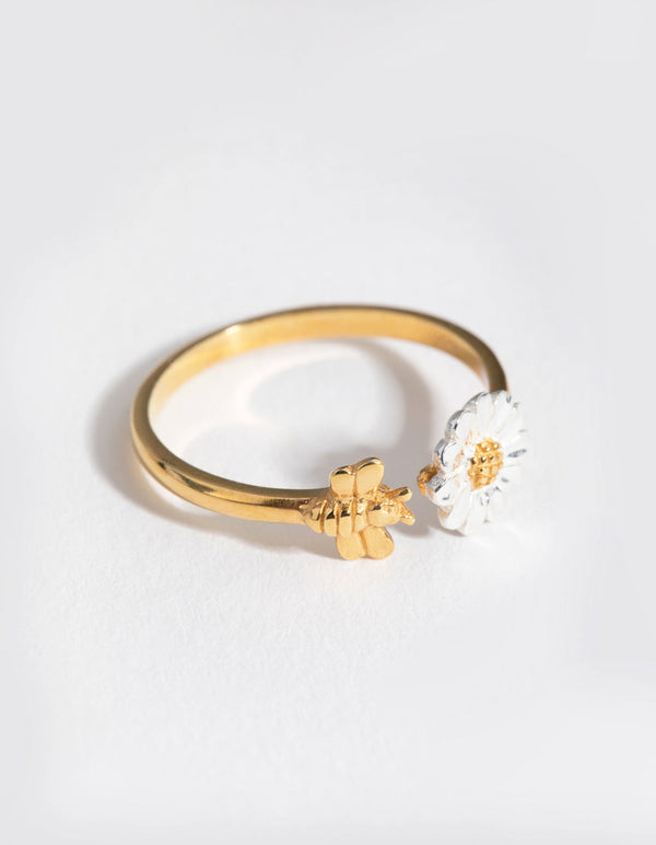Gold Plated Sterling Silver Daisy Bee Open Ring
