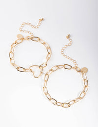 Gold Heart Link Chain Bracelet Pack - link has visual effect only