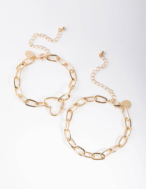 Gold Heart Link Chain Bracelet Pack