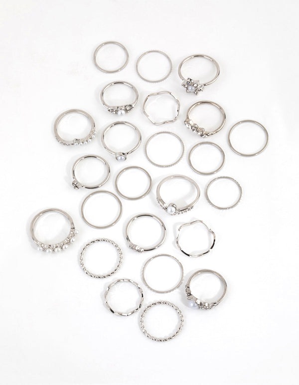 Rhodium Diamante & Pearl Ring 24-Pack