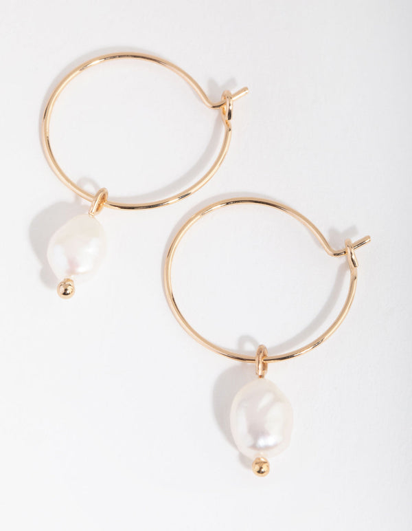 Gold Freshwater Pearl Pebble Pendant Hoop Earrings