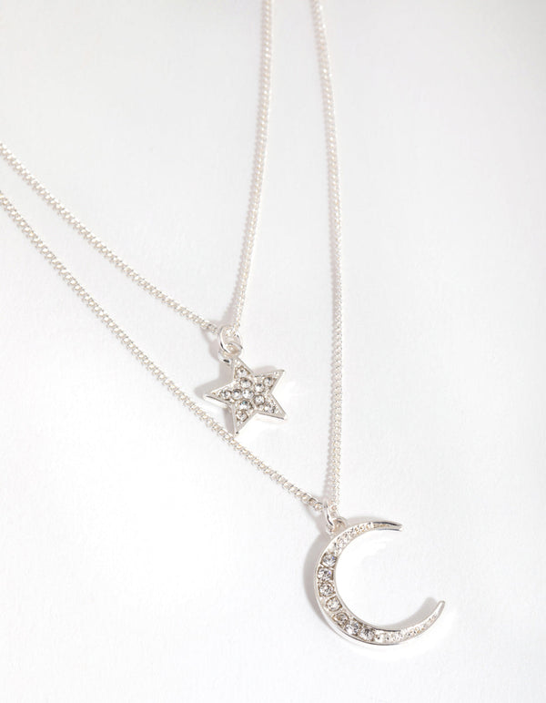Silver Diamante Moon & Star Necklace