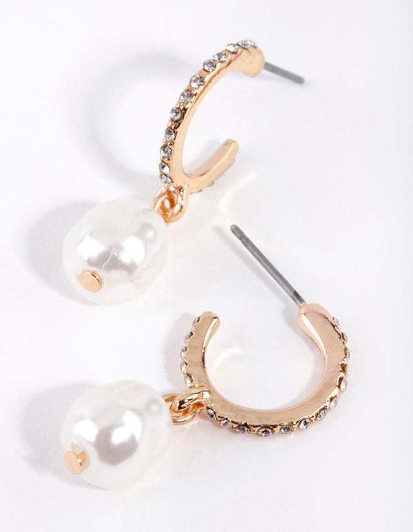 Gold Diamante Pearl Open Hoop Earrings