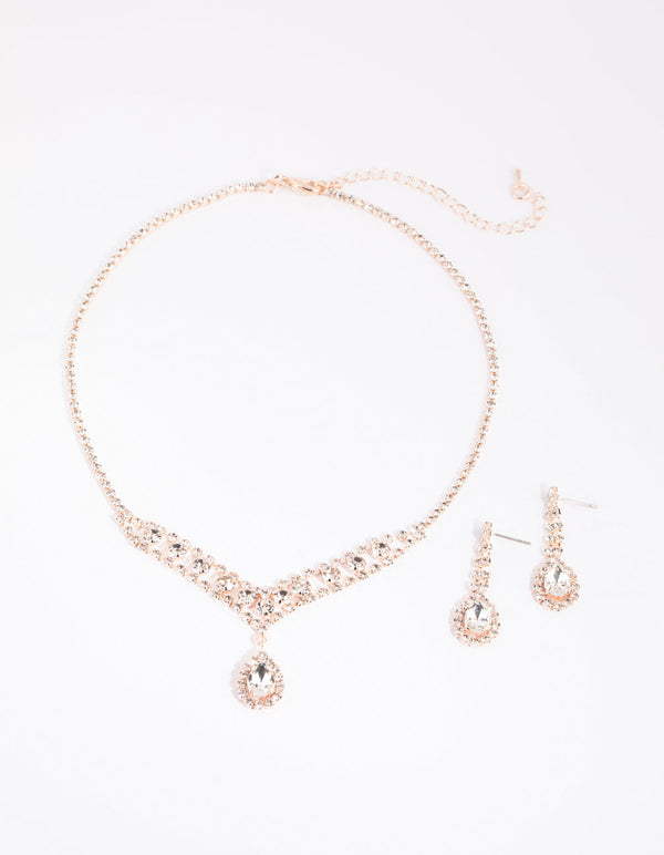 Rose Gold Diamante Necklace & Earrings Set