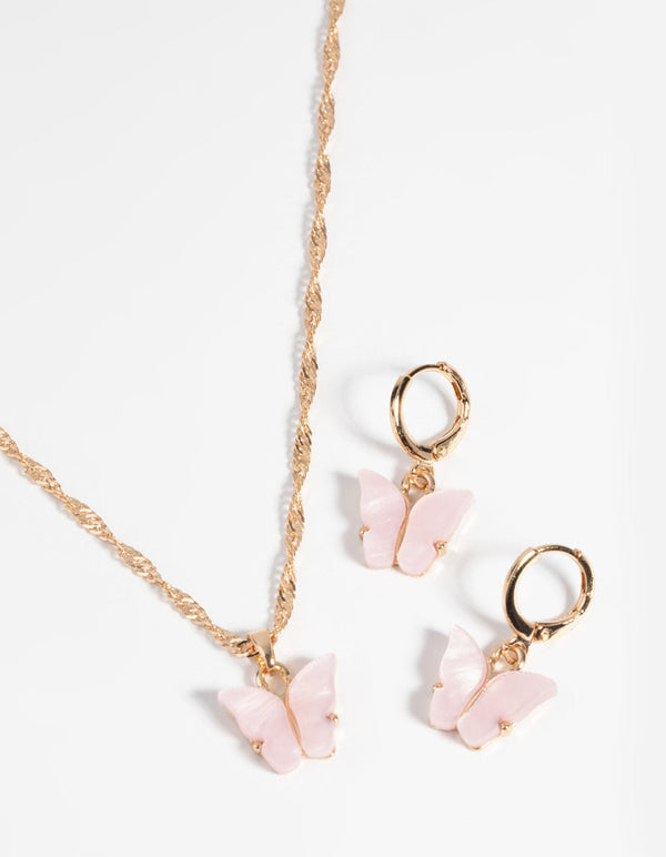 Gold & Pink Butterfly Necklace & Earring Set