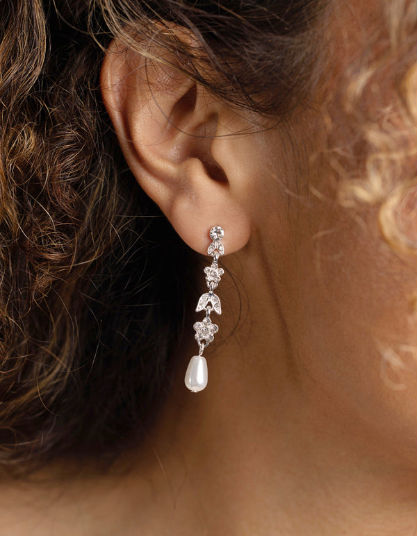 Silver Floral Pearl Drop Earrings
