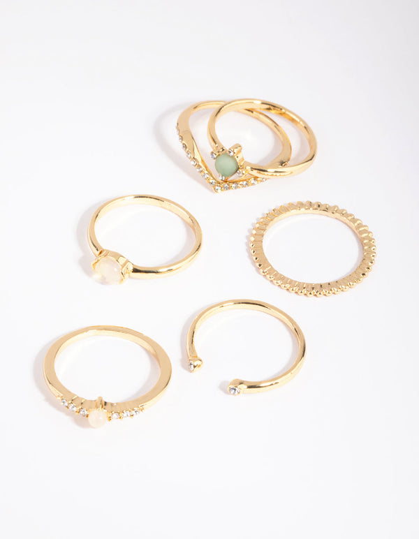 Gold Plated Rings with Semi-Precious Stones 6-Pack