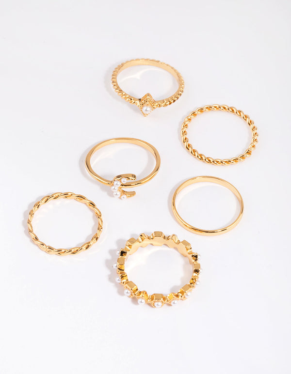 Gold Plated Vintage Rings with Freshwater Pearls 6-Pack