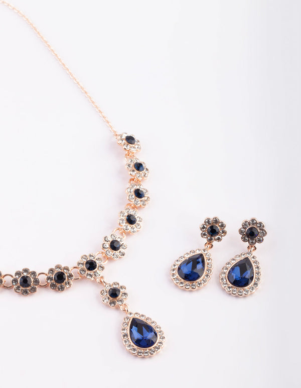 Rose Gold Diamante Flower Necklace & Earrings Set