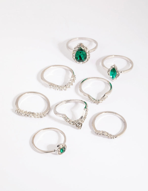 Rhodium Green Diamante Ring Pack