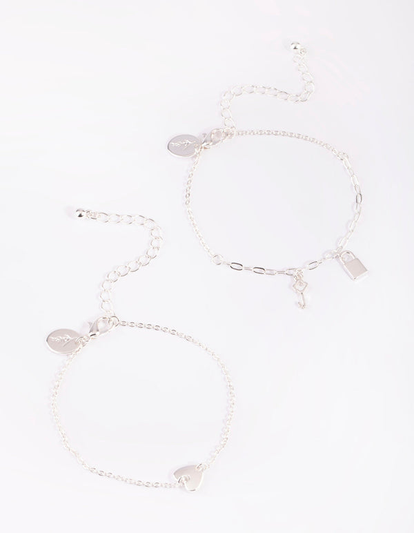 Silver Love & Lock Bracelet Set