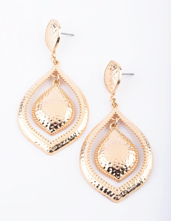 Gold Hammered Oval Drop Earrings