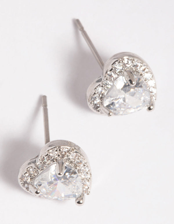 Rhodium Diamante Heart Stud Earrings