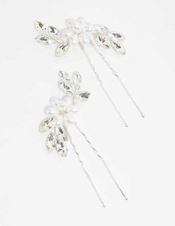 Silver Pearl Flower Diamante Pin Pack