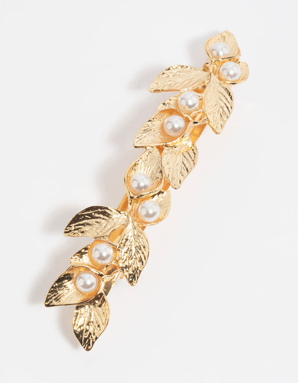 Gold Leaf & Pearl Barette Clip