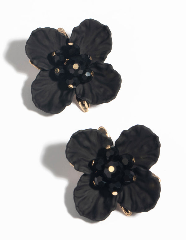 Black Pearlised Flower Stud Earrings