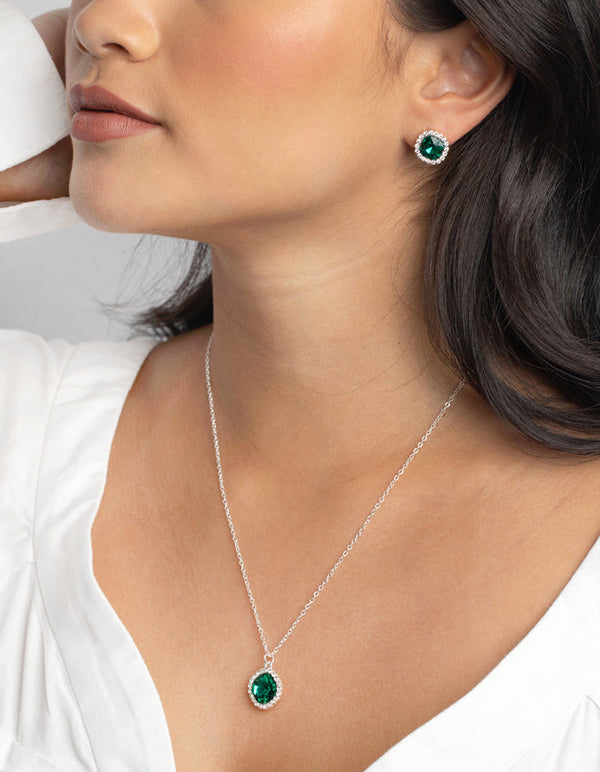 Green Cushion Halo Necklace & Earrings Set