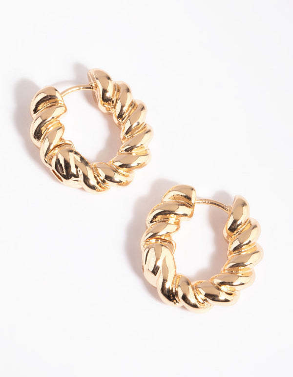 Gold Twisted Oval Huggie Hoop Earrings