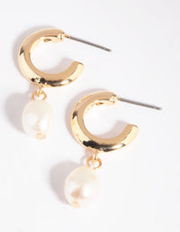 Gold and Pearl Huggie Hoop Earrings - link has visual effect only