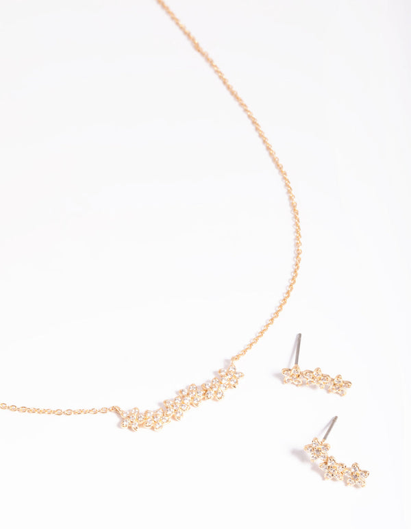 Gold Diamond Simulant Flower Necklace and Earrings Set