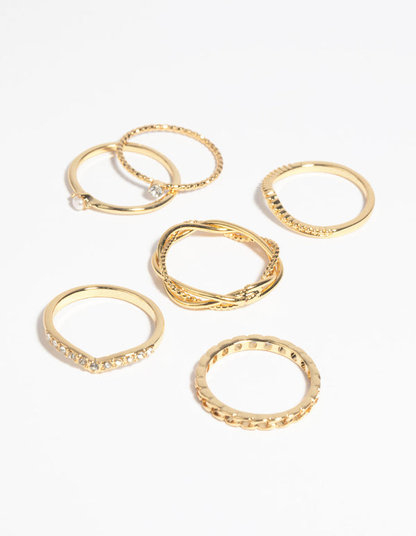 Gold Plated Diamante Twist Ring Pack