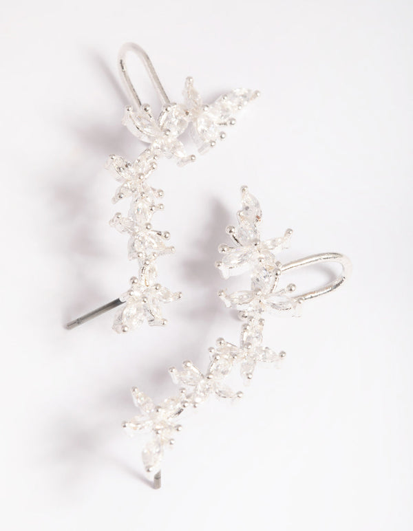 Silver Cubic Zirconia Floral Cuff Earrings