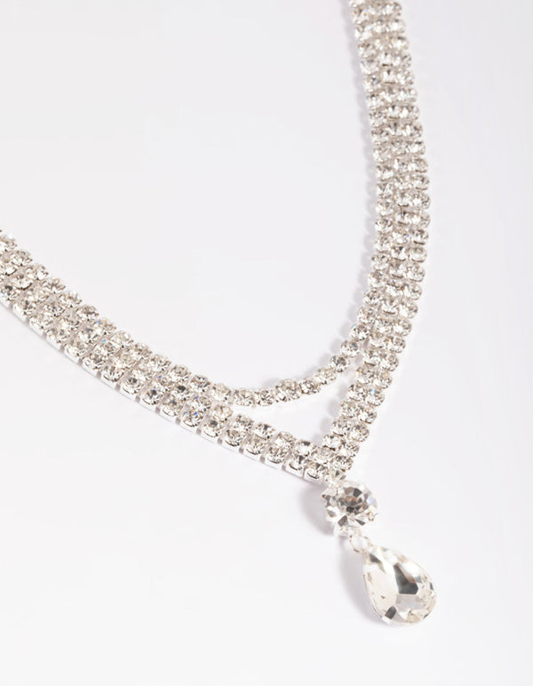 Silver Diamante Teardrop Layered Necklace