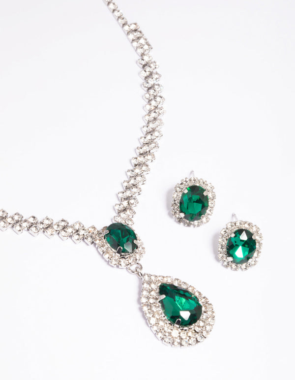 Green Diamante Teardrop Necklace & Earrings Set
