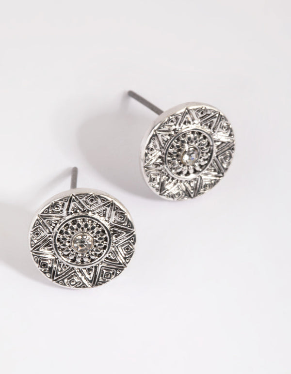 Antique Silver Etched Stud Earrings