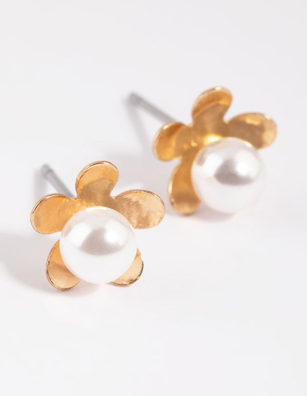 Gold Pearl & Flower Stud Earrings