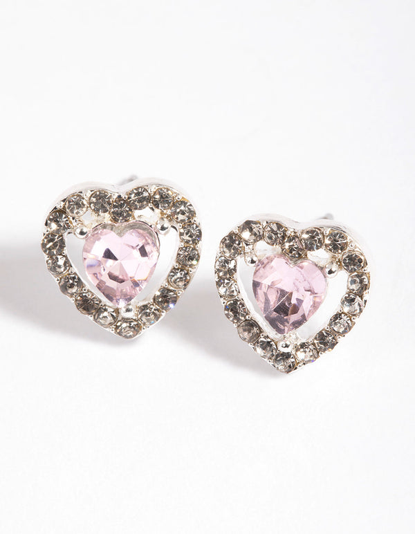Pink Diamante Heart Stud Earrings