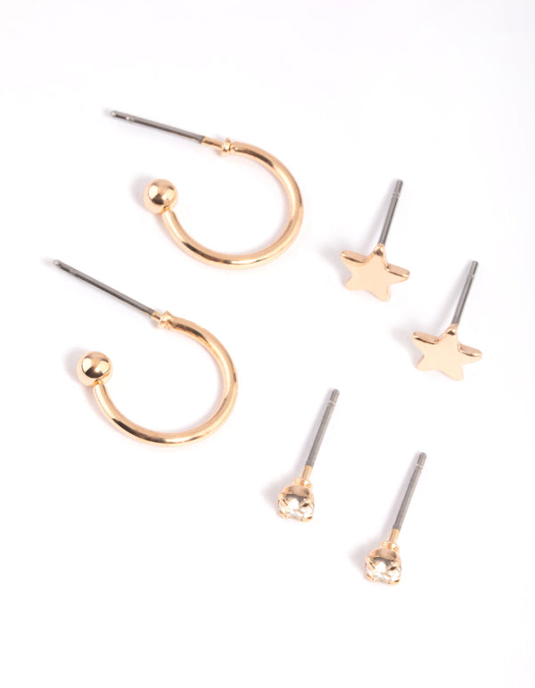 Gold Diamante Star Stud Earring Pack