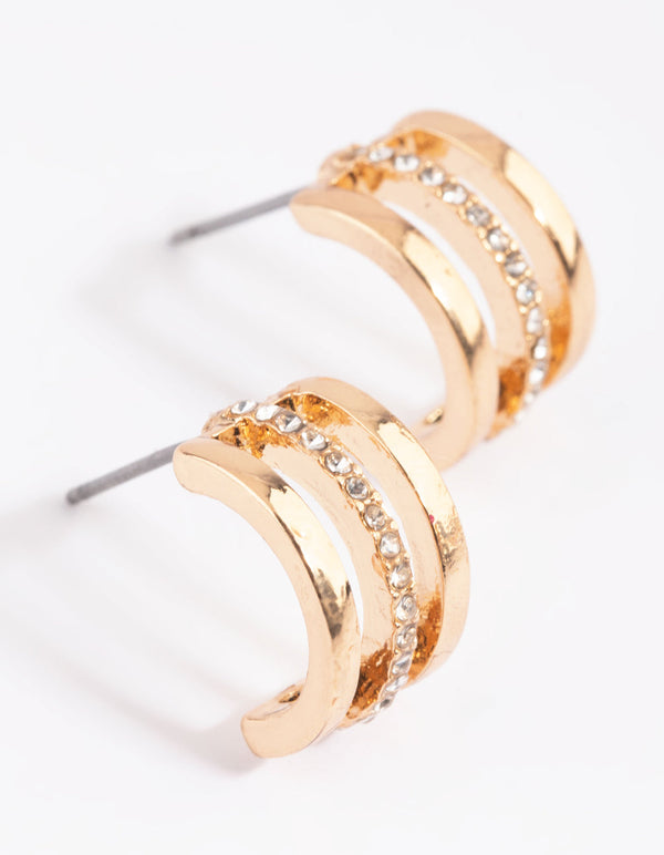 Gold Diamante Triple Row Huggie Hoop Earrings