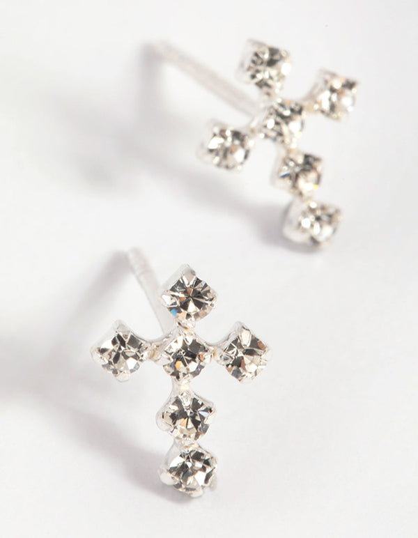 Sterling Silver Cubic Zirconia Cross Stud Earrings