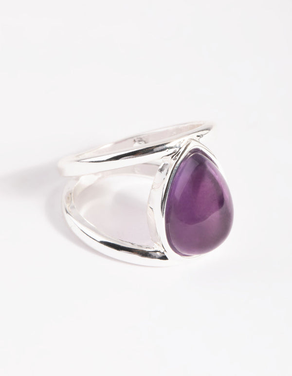 Silver Purple Pear Stone Band Ring