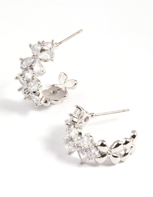 Rhodium Diamond Simulant Floral Hoop Earrings