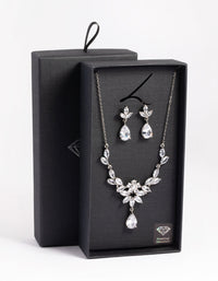 Rhodium Diamond Simulant Teardrop Necklace & Earrings Set - link has visual effect only
