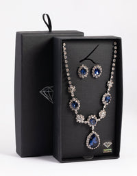 Rhodium Diamond Simulant Sapphire Flower Necklace & Earrings Set - link has visual effect only