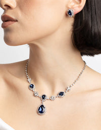 Rhodium Diamond Simulant Sapphire Flower Necklace & Earrings Set - link has visual effect only