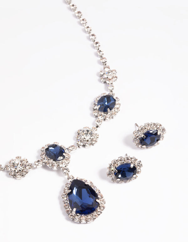 Rhodium Diamond Simulant Sapphire Flower Necklace & Earrings Set