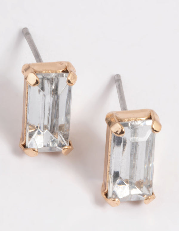 Gold Diamante Baguette Stud Earrings