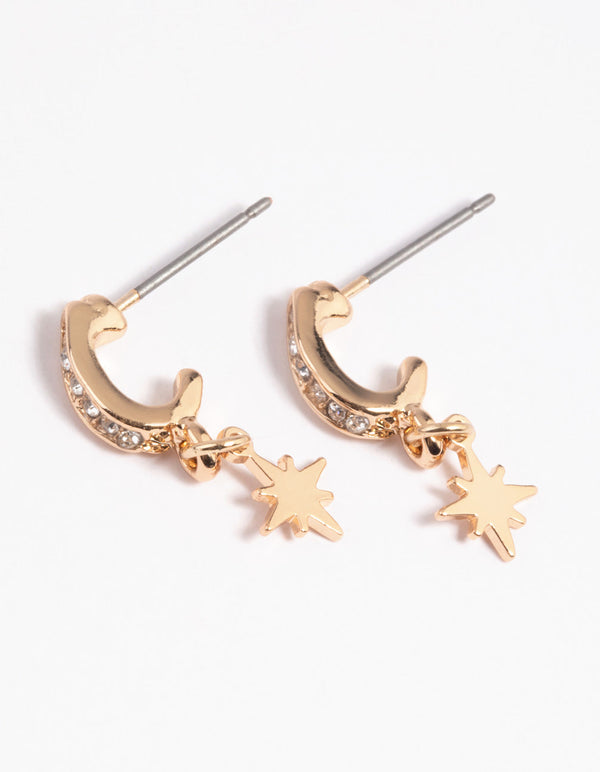 Gold Diamante Star Huggie Hoop Earrings